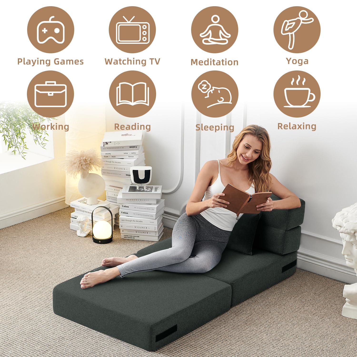 FILUXE Convertible Folding Sofa Bed - Sleeper Chair with Pillow, Modern Linen Fabric Floor & Futon Couch, Foldable Mattress for Living Room/Dorm/Guest Use/Home Office/Apartment, Queen Size, Dark Gray: Dark Gray Single