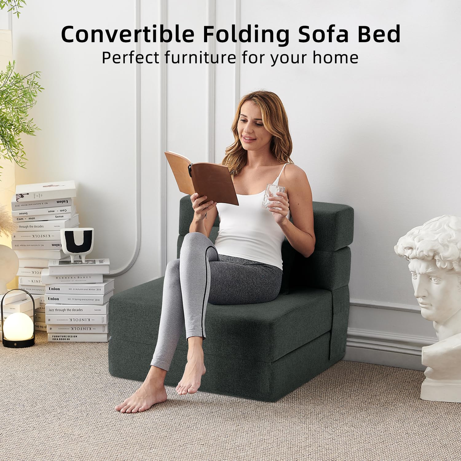 FILUXE Convertible Folding Sofa Bed - Sleeper Chair with Pillow, Modern Linen Fabric Floor & Futon Couch, Foldable Mattress for Living Room/Dorm/Guest Use/Home Office/Apartment, Queen Size, Dark Gray: Dark Gray Single