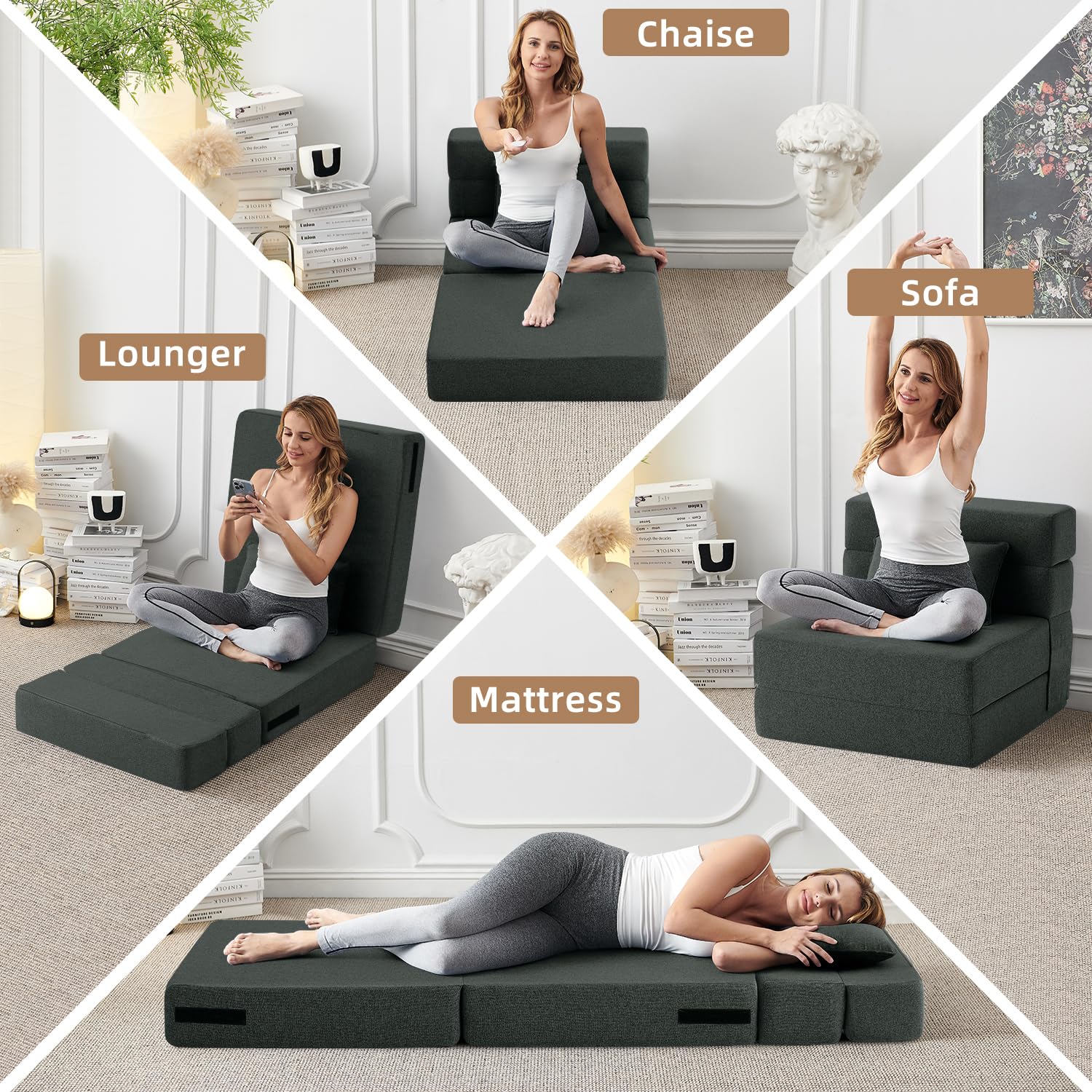 FILUXE Convertible Folding Sofa Bed - Sleeper Chair with Pillow, Modern Linen Fabric Floor & Futon Couch, Foldable Mattress for Living Room/Dorm/Guest Use/Home Office/Apartment, Queen Size, Dark Gray: Dark Gray Single