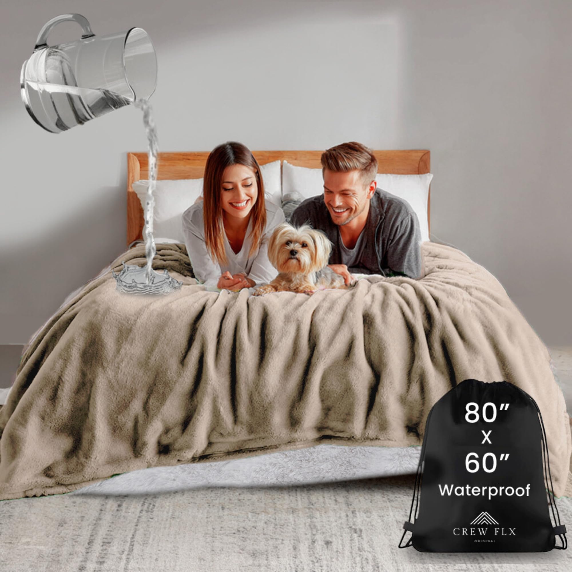 CREW FLX Waterproof Blanket for Bed Queen Size (80"x60") – Reversible Sherpa Throw with Leakproof TPU Layer – Stain-Resistant, Washable Bed Protector with Carry Bag – Gray: Beige 80 x 60 inch